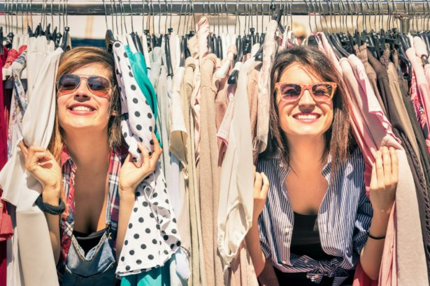 Young beautiful women at the weekly cloth market